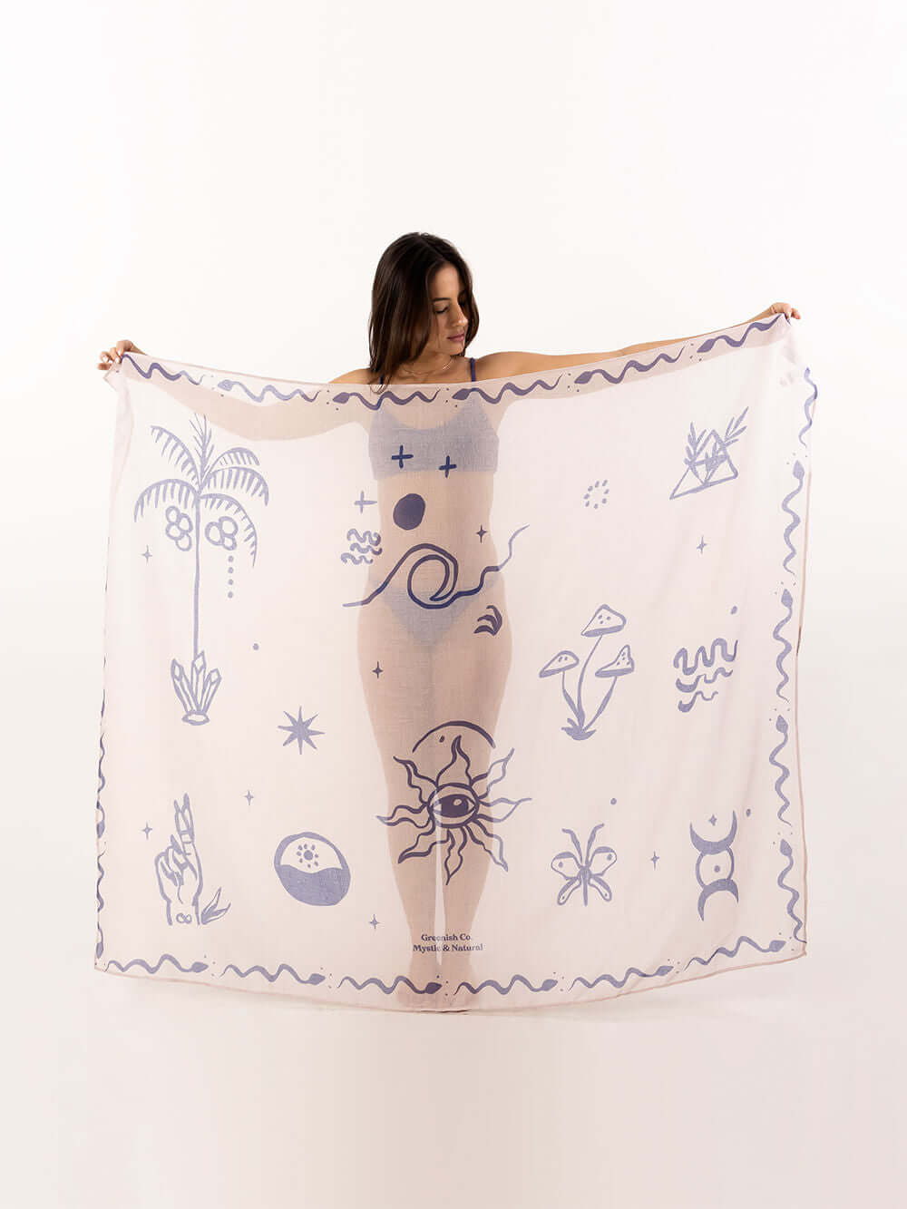 Canga Mystic Elements Azul Marinho da Greenish, com estampas de elementos místicos em fundo claro.