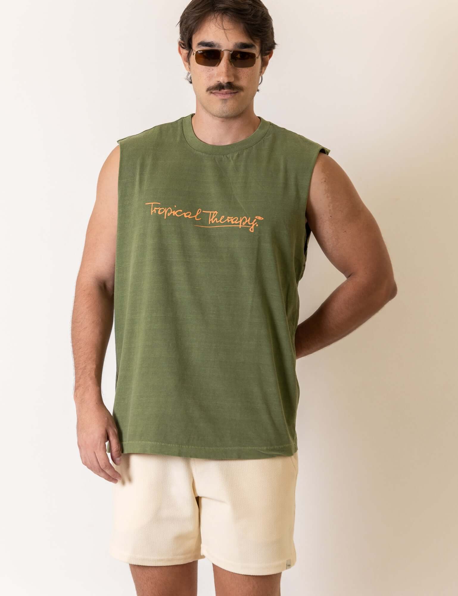 Man wearing Greenish Regata Larga Tropical Terapy - Verde, green sleeveless shirt