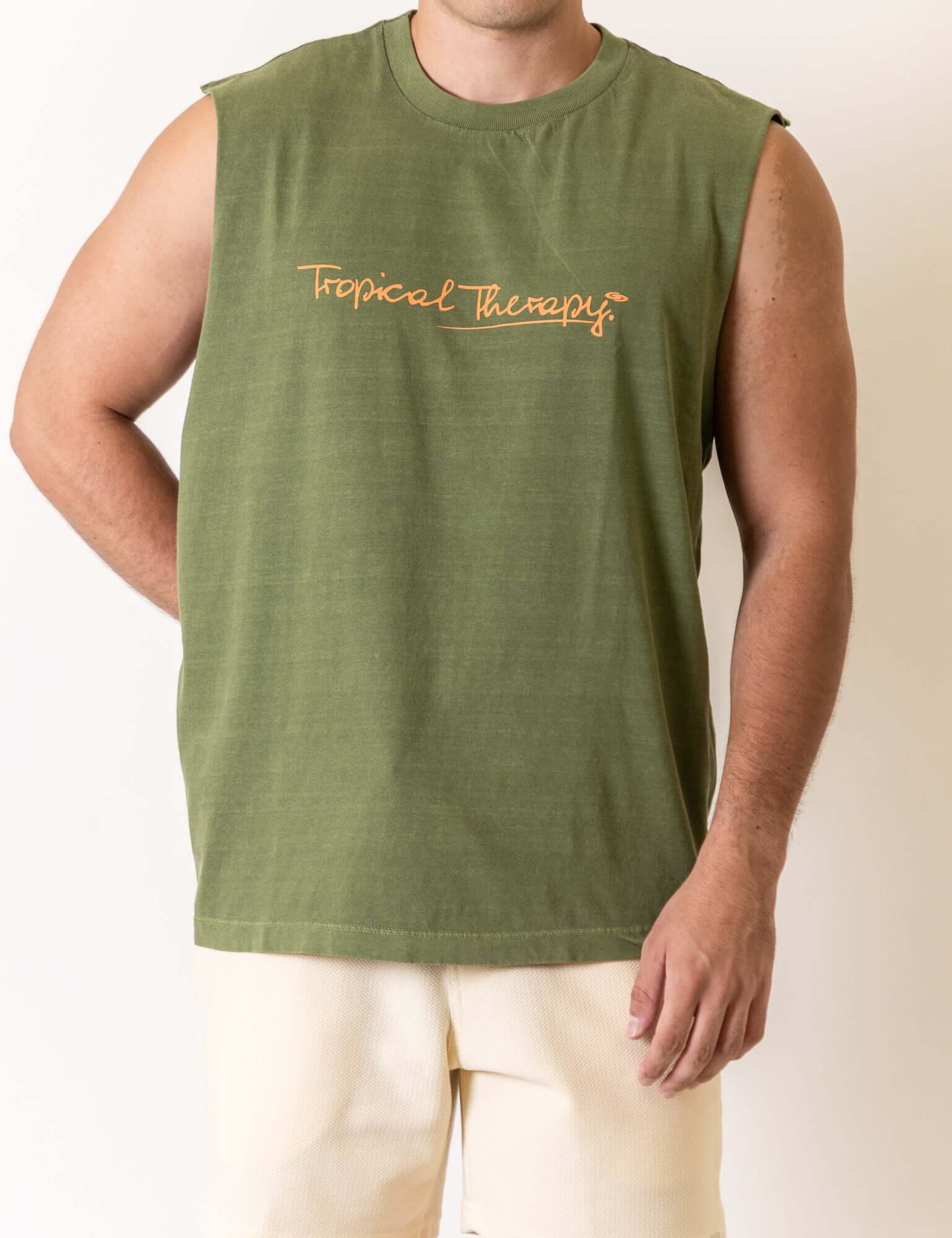 Greenish Regata Larga Tropical Terapy - Verde tank top modeled, showcasing casual style and comfort in a green shade.