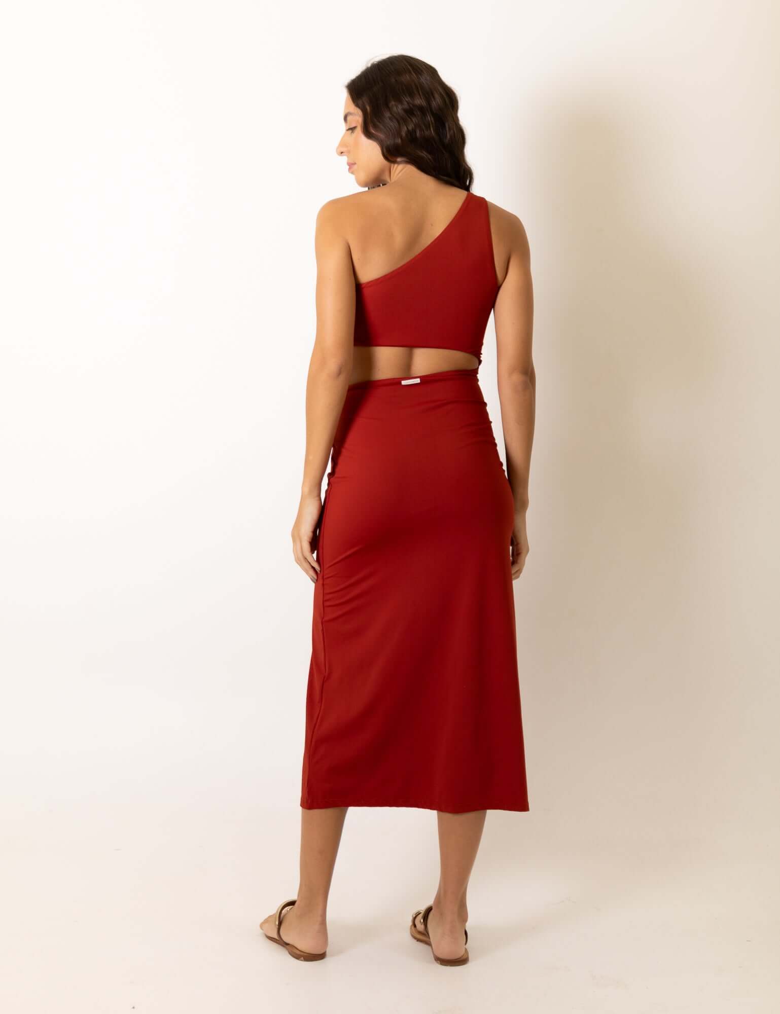 Vestidos Midi Lycra Stephanie - Telha da Greenish, vestido elegante em cor telha, design assimétrico, vista traseira.