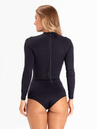 Maiô Greenish Bayshore Preto com fechamento em zíper nas costas e mangas longas, ideal para conforto e proteção solar.
