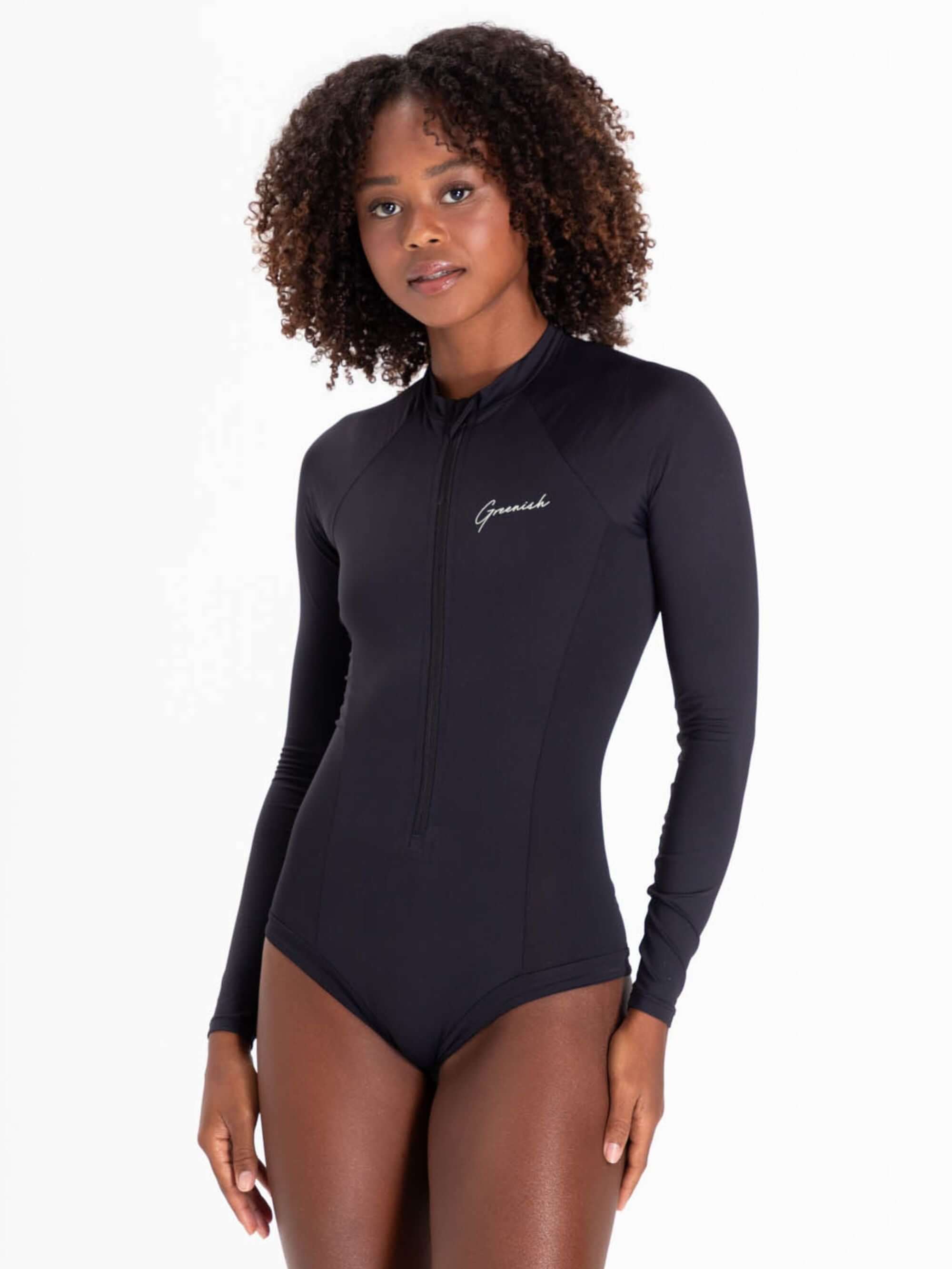 Maiô preto Greenish Solid Color com proteção UV, zíper frontal e conforto ideal para esportes aquáticos.