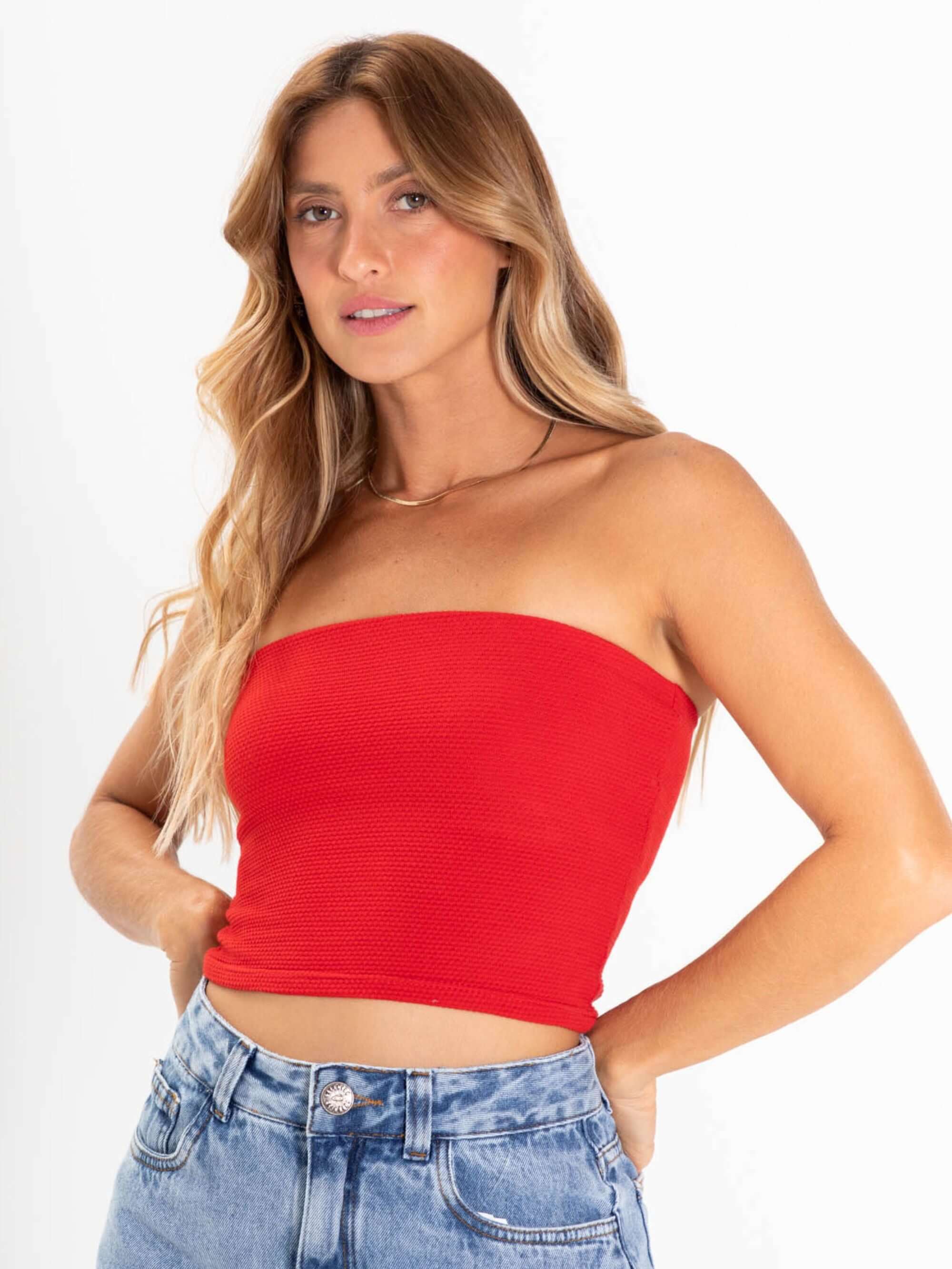 Top Reto Valerie vermelho sem alças, tecido sustentável, ideal para looks casuais, marca Greenish.