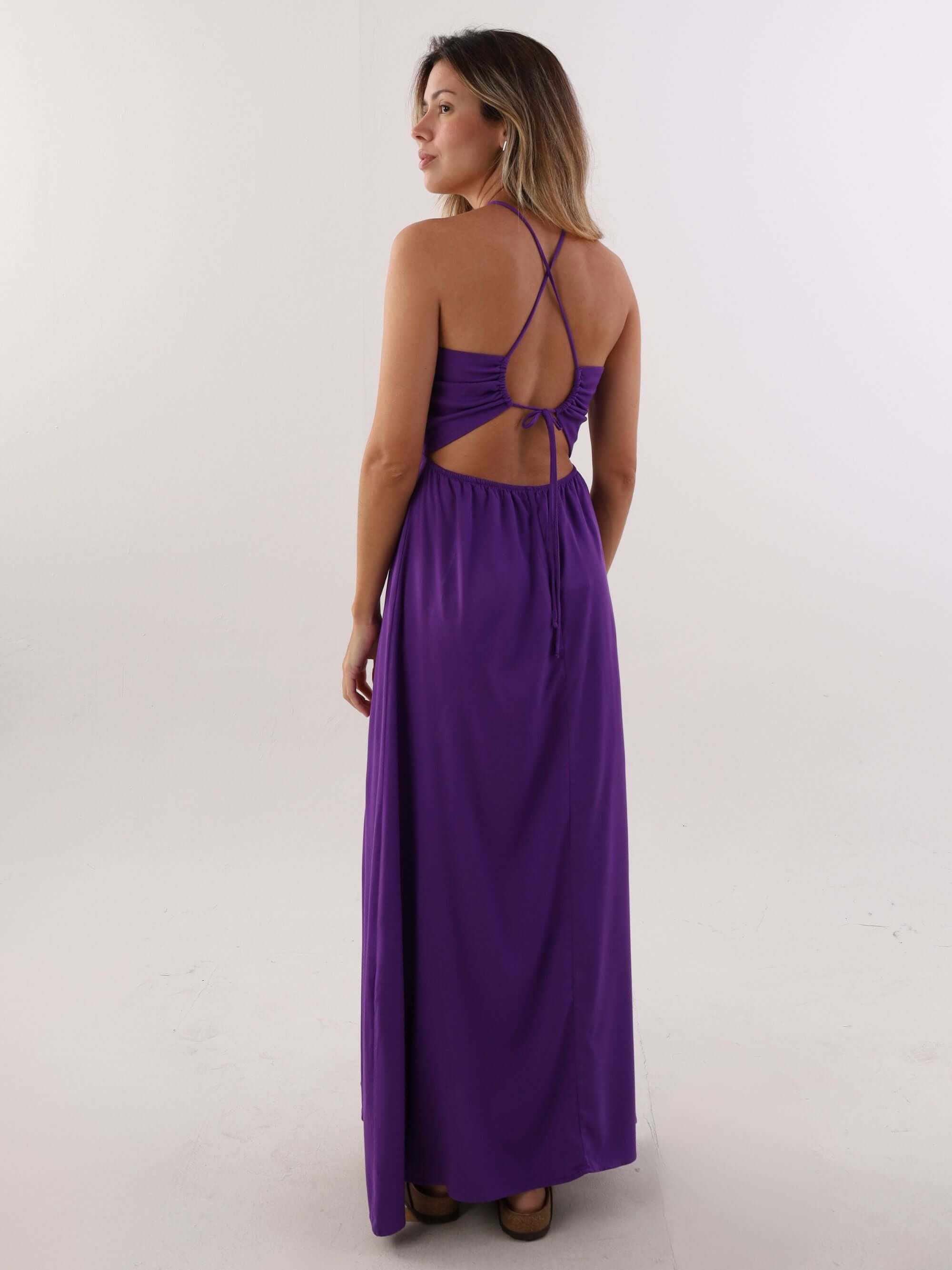 Vestido midi roxo da Greenish, estilo elegante com costas abertas e faixa na cintura.