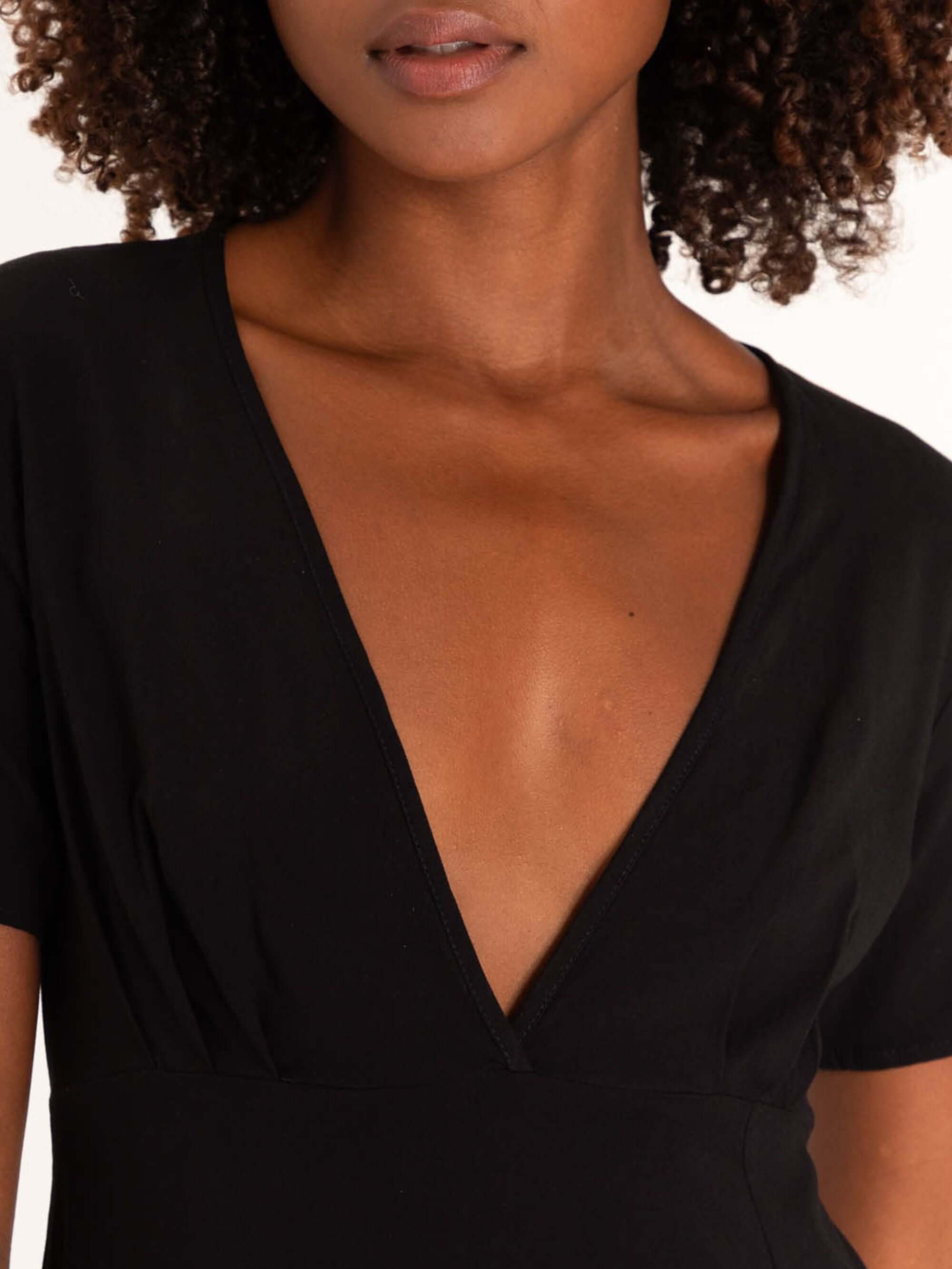 Detalhe do decote em V e tecido leve do Vestido Curto Olive da marca Greenish, elegante e casual.